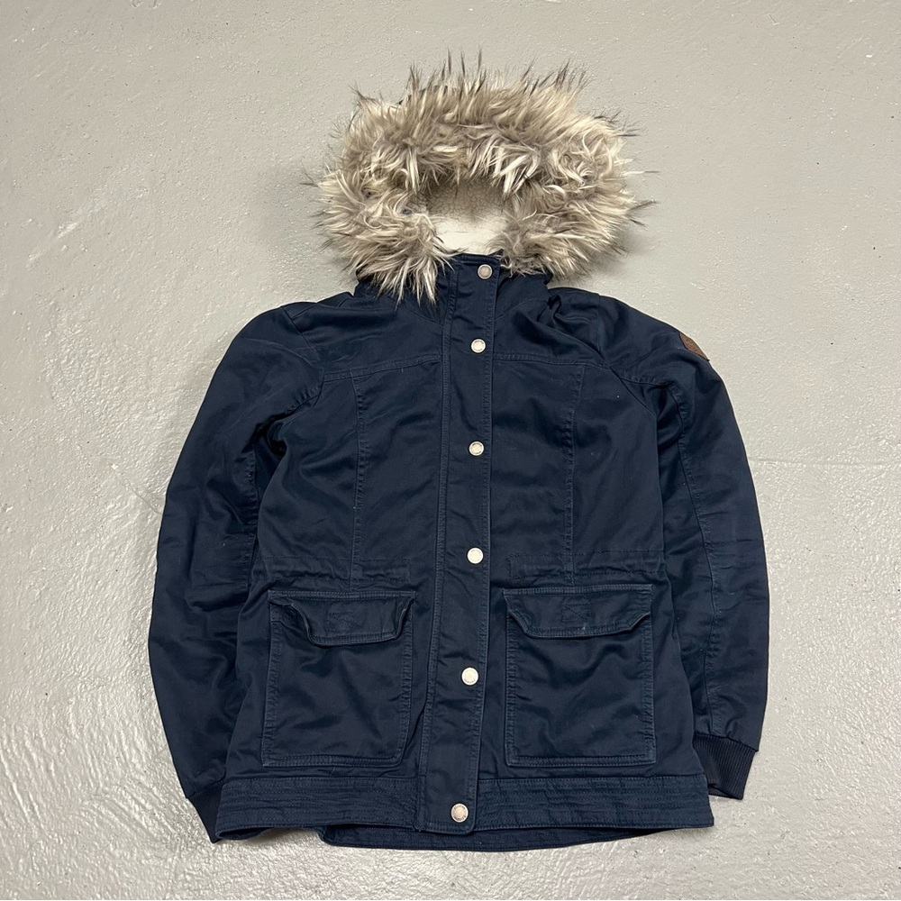 Y2K Hollister Dark Navy Blue Parka Jacket with Faux Fur Hood SIZE MEDIUM